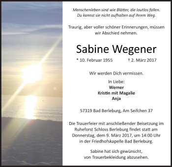Traueranzeige von Sabine Wegener von Siegener Zeitung