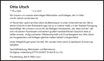 Traueranzeige von Otto Utsch von Siegener Zeitung