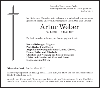 Traueranzeige von Artur Weber von Siegener Zeitung