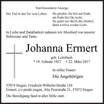 Traueranzeige von Johanna Ermert von Siegener Zeitung