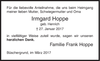 Traueranzeige von Irmgard Hoppe von Siegener Zeitung