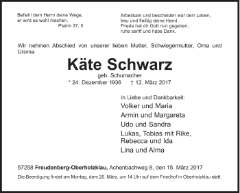 Traueranzeige von Käte Schwarz von Siegener Zeitung