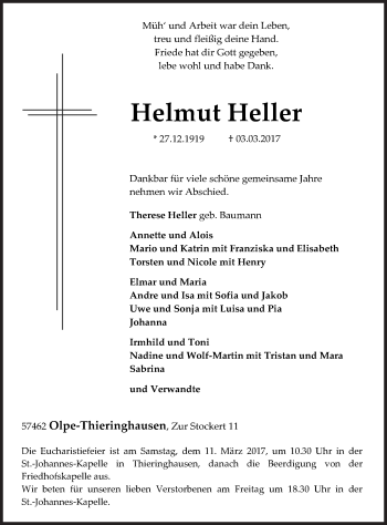 Traueranzeige von Helmut Heller von Siegener Zeitung