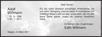 Traueranzeige von Adolf Wißmann von Siegener Zeitung