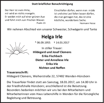Traueranzeige von Helga Irle von Siegener Zeitung