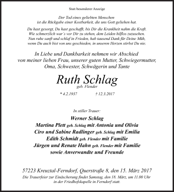 Traueranzeige von Ruth Schlag von Siegener Zeitung