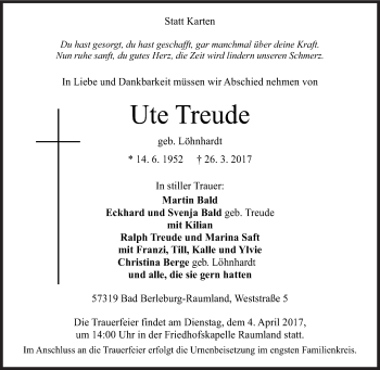Traueranzeige von Ute Treude von Siegener Zeitung