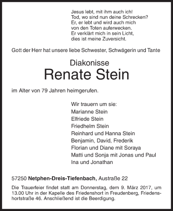 Traueranzeige von Renate Stein von Siegener Zeitung
