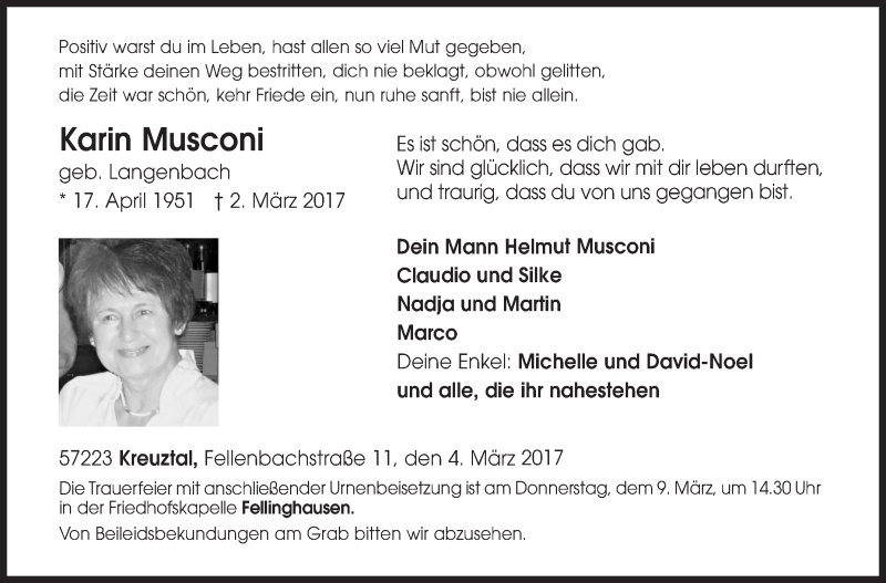 Traueranzeige für Karin Musconi vom 04.03.2017 aus Siegener Zeitung