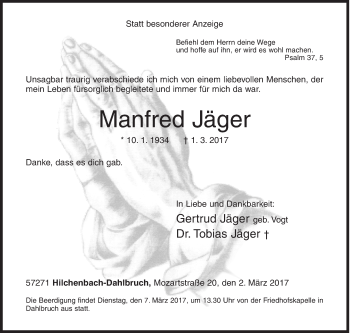 Traueranzeige von Manfred Jäger von Siegener Zeitung