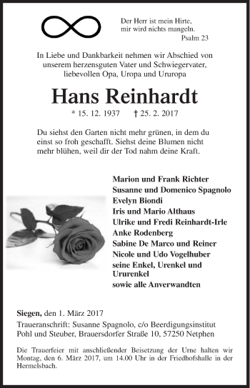 Traueranzeige von Hans Reinhardt von Siegener Zeitung
