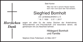 Traueranzeige von Siegfried Bomholt von Siegener Zeitung