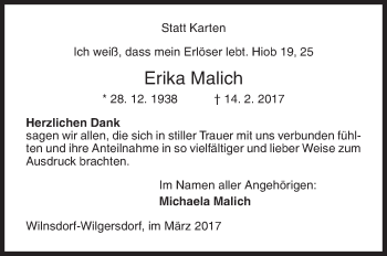 Traueranzeige von Erika Malich von Siegener Zeitung