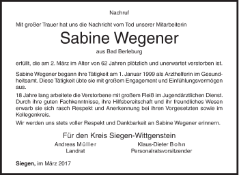 Traueranzeige von Sabine Wegener von Siegener Zeitung