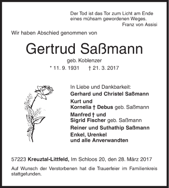Traueranzeige von Gertrud Saßmann von Siegener Zeitung