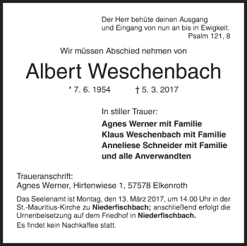 Traueranzeige von Albert Weschenbach von Siegener Zeitung