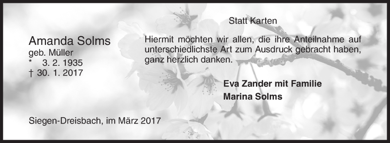  Traueranzeige für Amanda Solms vom 18.03.2017 aus Siegener Zeitung
