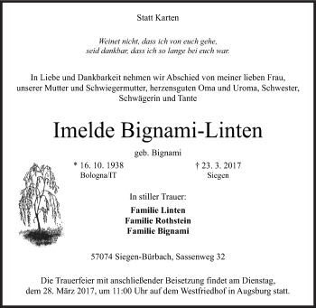 Traueranzeige von Imelde Bignami-Linten von Siegener Zeitung