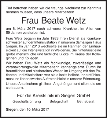 Traueranzeige von Beate Wetz von Siegener Zeitung