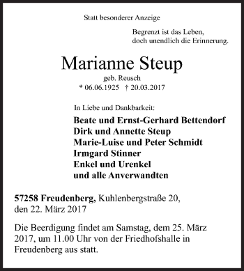 Traueranzeige von Marianne Steup von Siegener Zeitung