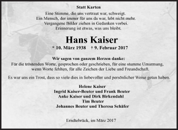Traueranzeige von Hans Kaiser von Siegener Zeitung