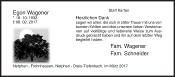 Traueranzeige von Egon Wagener von Siegener Zeitung