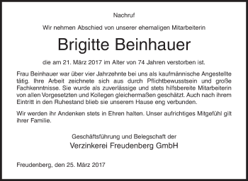 Traueranzeige von Brigitte Beinhauer von Siegener Zeitung