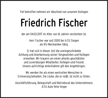 Traueranzeige von Friedrich Fischer von Siegener Zeitung