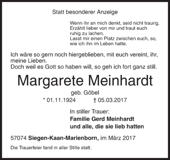 Traueranzeige von Margarete Meinhardt von Siegener Zeitung