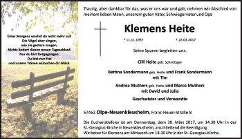 Traueranzeige von Klemens Heite von Siegener Zeitung