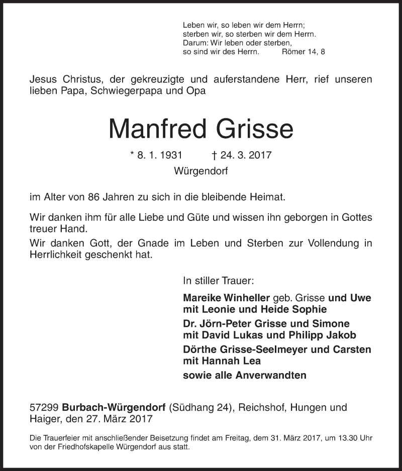  Traueranzeige für Manfred Grisse vom 27.03.2017 aus Siegener Zeitung