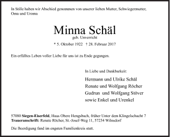 Traueranzeige von Minna Schäl von Siegener Zeitung