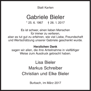 Traueranzeige von Gabriele Bieler von Siegener Zeitung