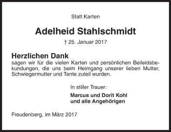 Traueranzeige von Adelheid Stahlschmidt von Siegener Zeitung