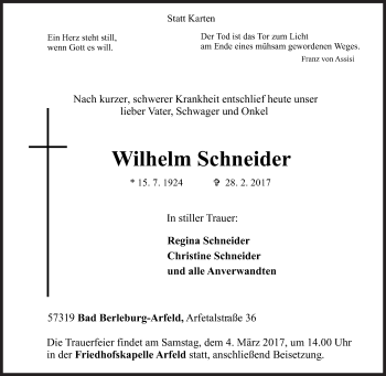 Traueranzeige von Wilhelm Schneider von Siegener Zeitung
