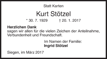 Traueranzeige von Kurt Stötzel von Siegener Zeitung