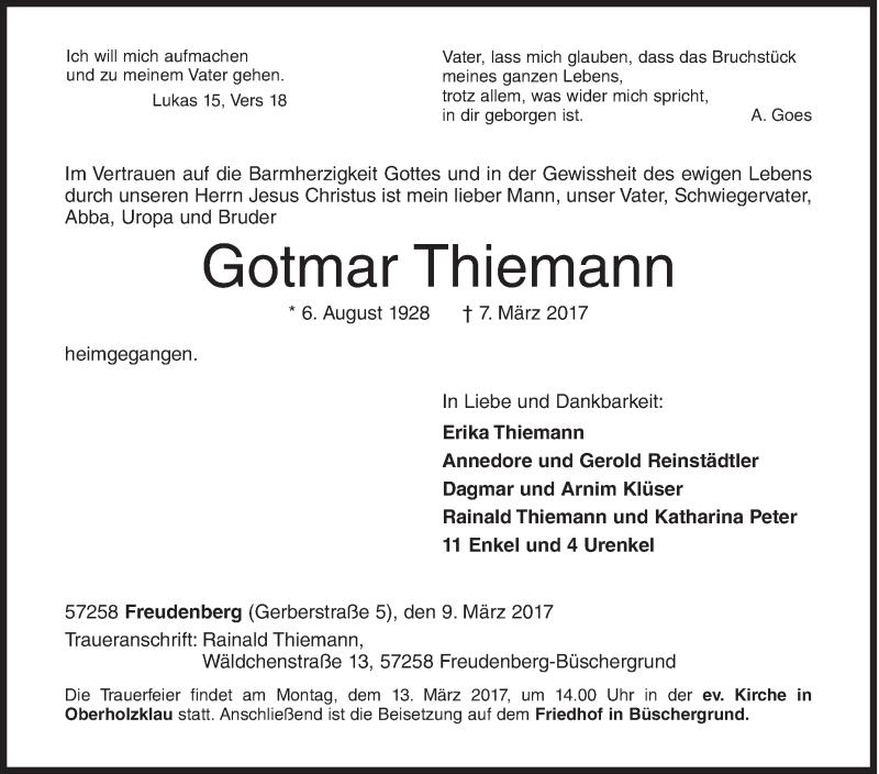  Traueranzeige für Gotmar Thiemann vom 09.03.2017 aus Siegener Zeitung