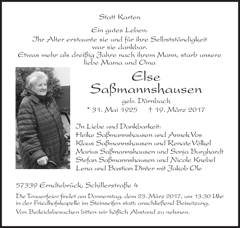  Traueranzeige für Else Saßmannshausen vom 21.03.2017 aus Siegener Zeitung