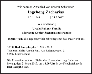 Traueranzeige von Ingeborg Zacharias von Siegener Zeitung