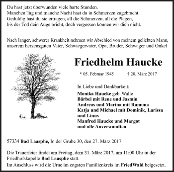 Traueranzeige von Friedhelm Haucke von Siegener Zeitung