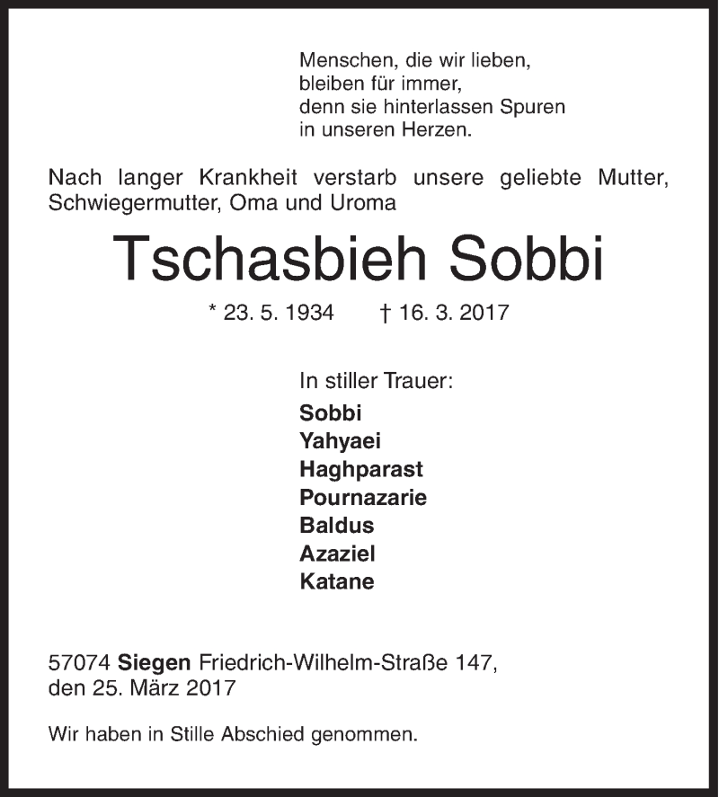  Traueranzeige für Tschasbieh Sobbi vom 25.03.2017 aus Siegener Zeitung