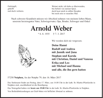 Traueranzeige von Arnold Weber von Siegener Zeitung