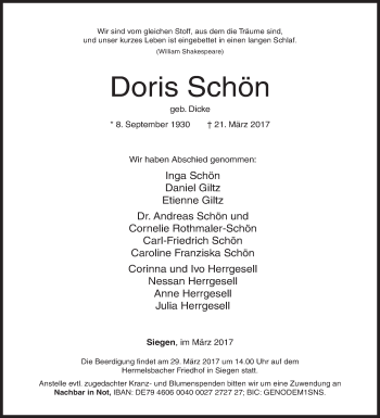 Traueranzeige von Doris Schön von Siegener Zeitung