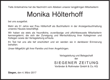 Traueranzeige von Monika Hölterhoff von Siegener Zeitung