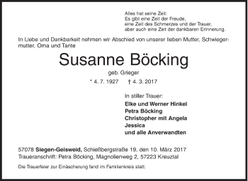 Traueranzeige von Susanne Böcking von Siegener Zeitung