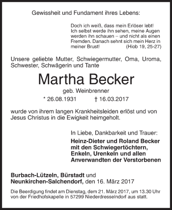 Traueranzeige von Martha Becker von Siegener Zeitung