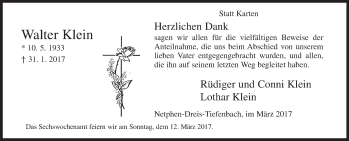 Traueranzeige von Walter Klein von Siegener Zeitung