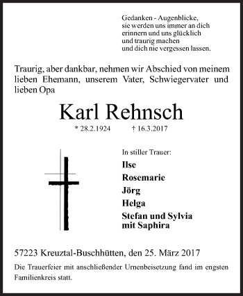 Traueranzeige von Karl Rehnsch von Siegener Zeitung