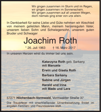 Traueranzeige von Joachim Roth von Siegener Zeitung