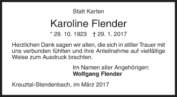 Traueranzeige von Karoline Flender von Siegener Zeitung